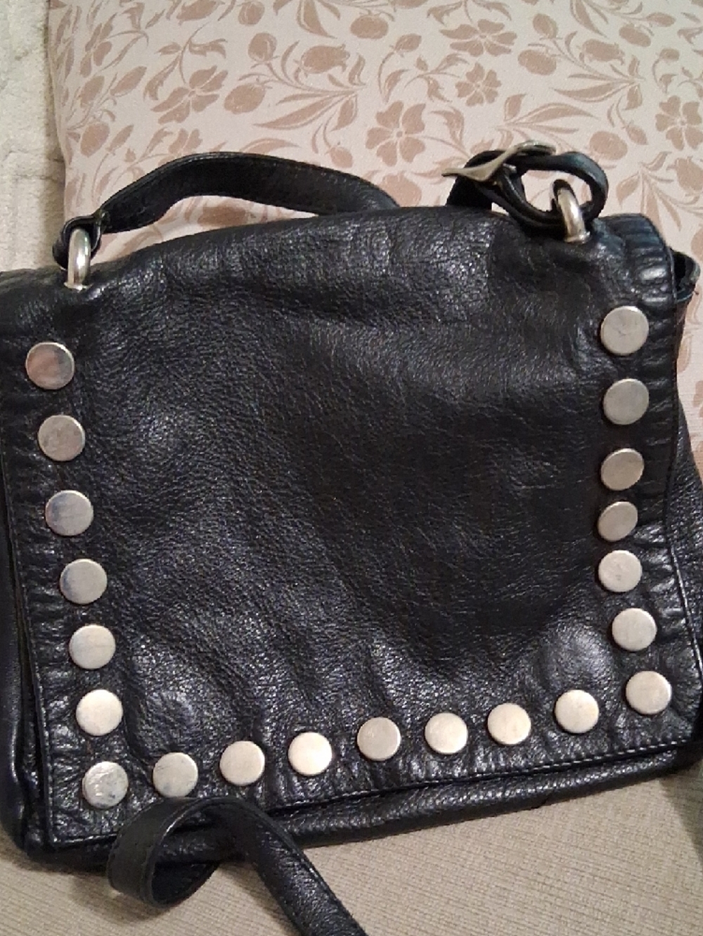 Black Studded Leather Crossbody with Silver Disc Accents - Picture 5 of 7